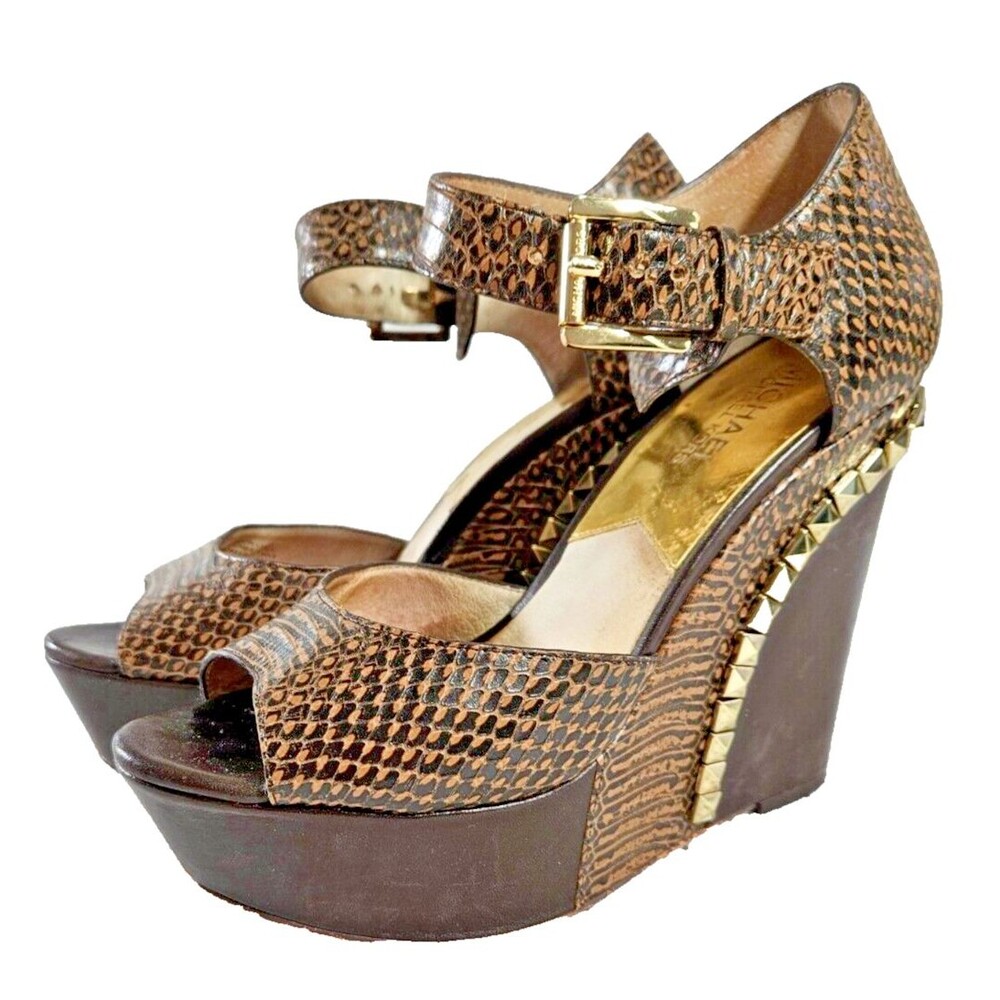 Michael Kors Brown Snake-Embossed Platform Wedge Boots with Gold Studs